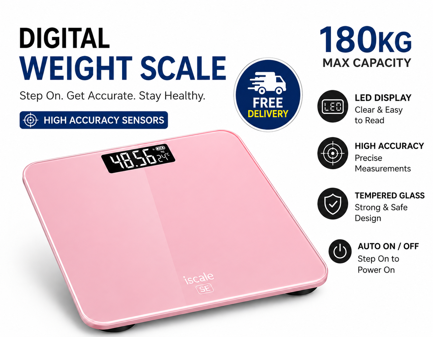 180KG Electronic Digital Body Weight Scale with LCD Display, Tempered Glass Bathroom Weighing Machine, High Accuracy, Step-On, Battery Included