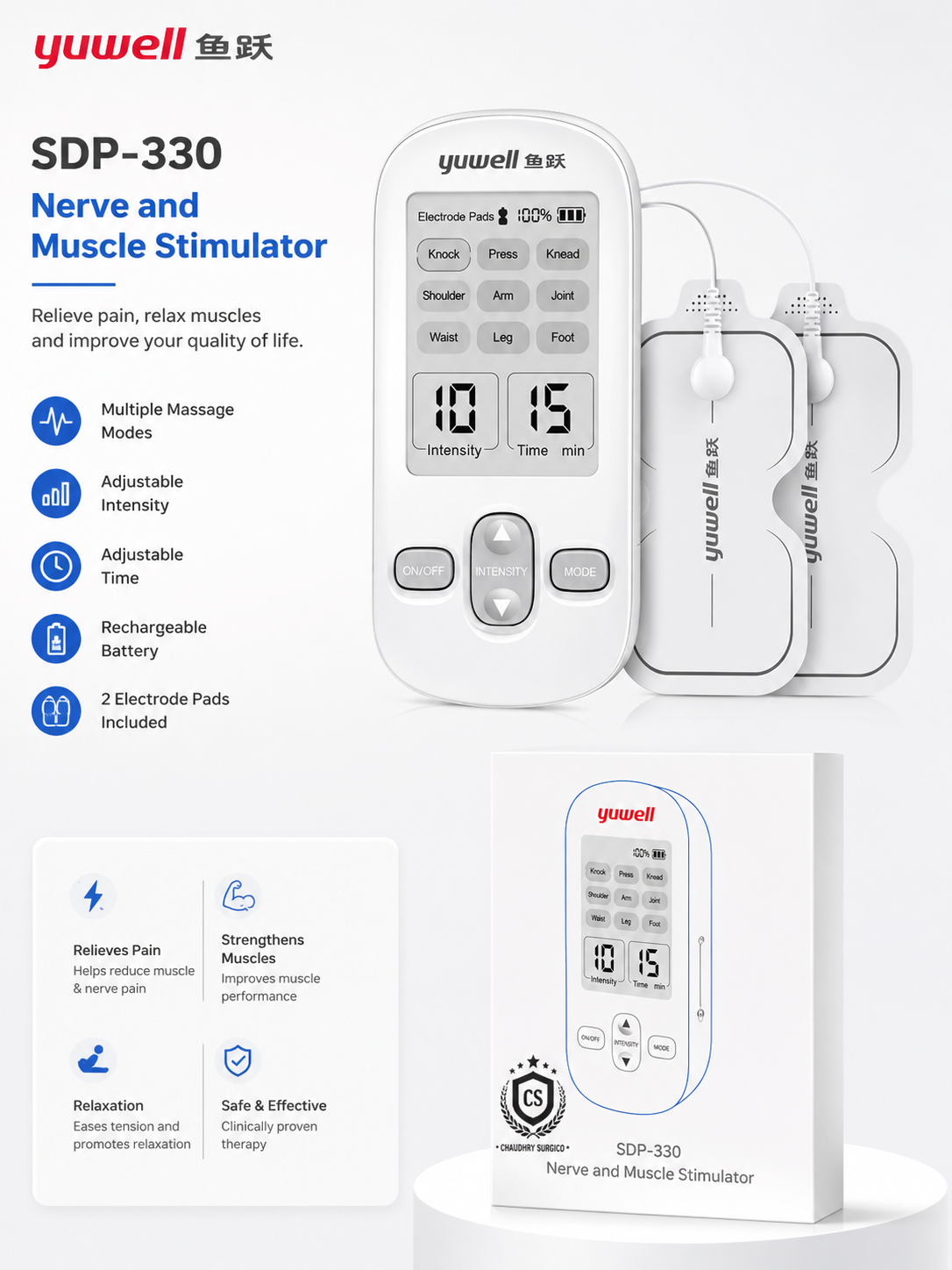 Yuwell Chargeable  TENS Machine Nerve and muscle stimulator TENS Kit - model SDP-330 for Physiotherapy