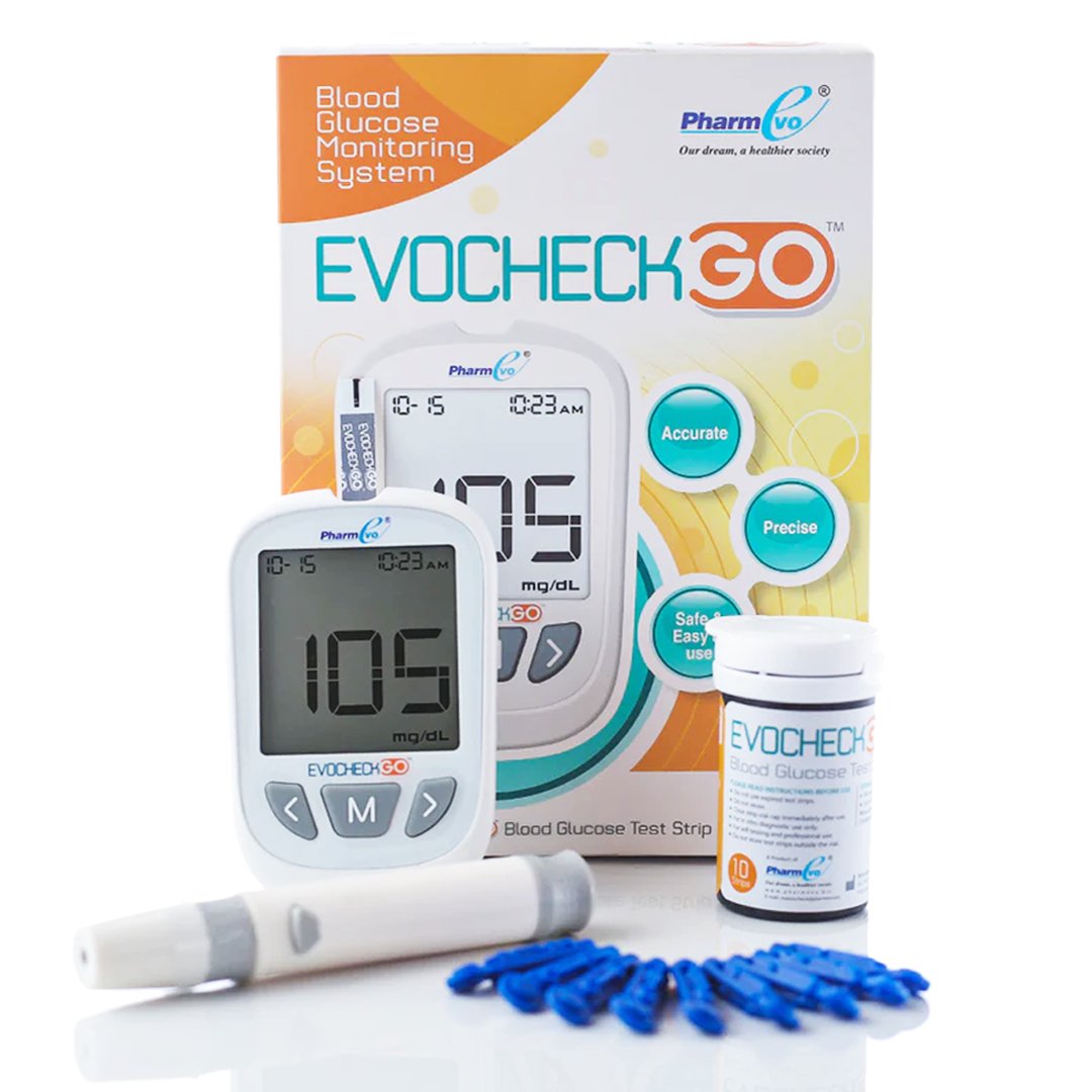 EvoCheck GO Blood Glucose Monitor Kit | Blood Sugar Testing Machine with 10 Test Strips & Lancets
